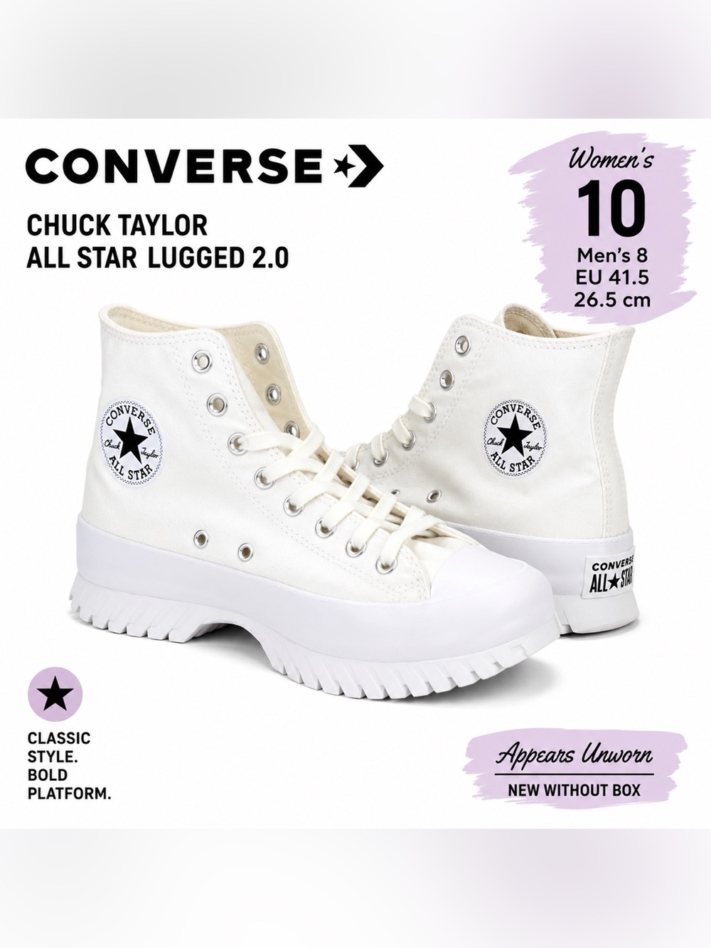 Converse Chuck Taylor All Star Lugged 2.0 White Platform High Top Size 10
